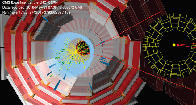 Two muons emerge from a Bs → μμ decay candidate