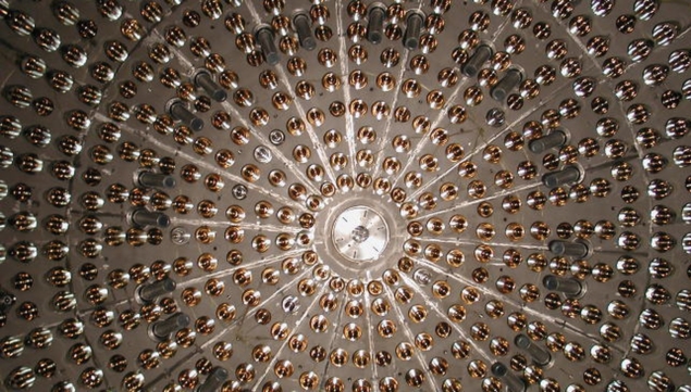 Borexino, located at Gran Sasso National Laboratory in Italy, comprises almost 300 tonnes of well-shielded ultrapure liquid scintillator surrounded by 2200 photomultipliers and is designed to detect sub-MeV solar neutrinos. Credit: Borexino collaboration.