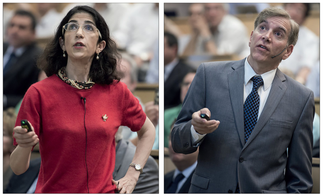 Fabiola Gianotti and Joe Incandela during their 4 July 2012 presentations