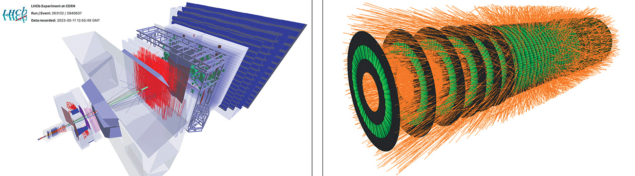 Event displays from LHCb and the simulated HL-LHC detector